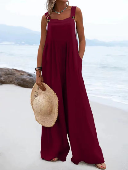 2023 Spring/Summer New Ethnic Style Fashion Solid Color Wide Leg Jumpsuit Quick Sale Tongfa European and American Women'S Cross