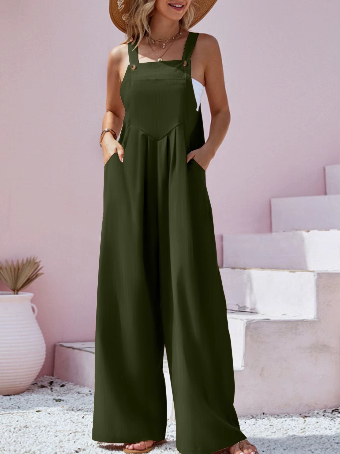 2023 Spring/Summer New Ethnic Style Fashion Solid Color Wide Leg Jumpsuit Quick Sale Tongfa European and American Women'S Cross