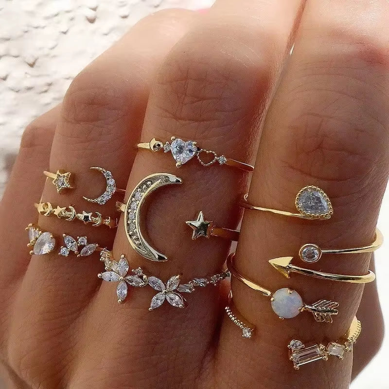 10Pcs Rings Suit for Women Silver-Color Chain Ring Set Bohemian Style Coin Snake Moon Star Party Trend Gift Jewelry