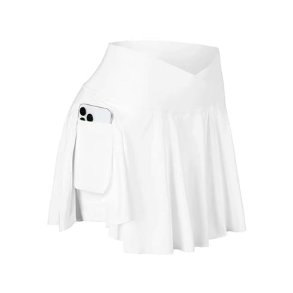 CHRLEISURE Womens Tennis Skirt with Pockets Crossover High Waisted Athletic Golf Skorts Running Workout Skirts 2 in 1