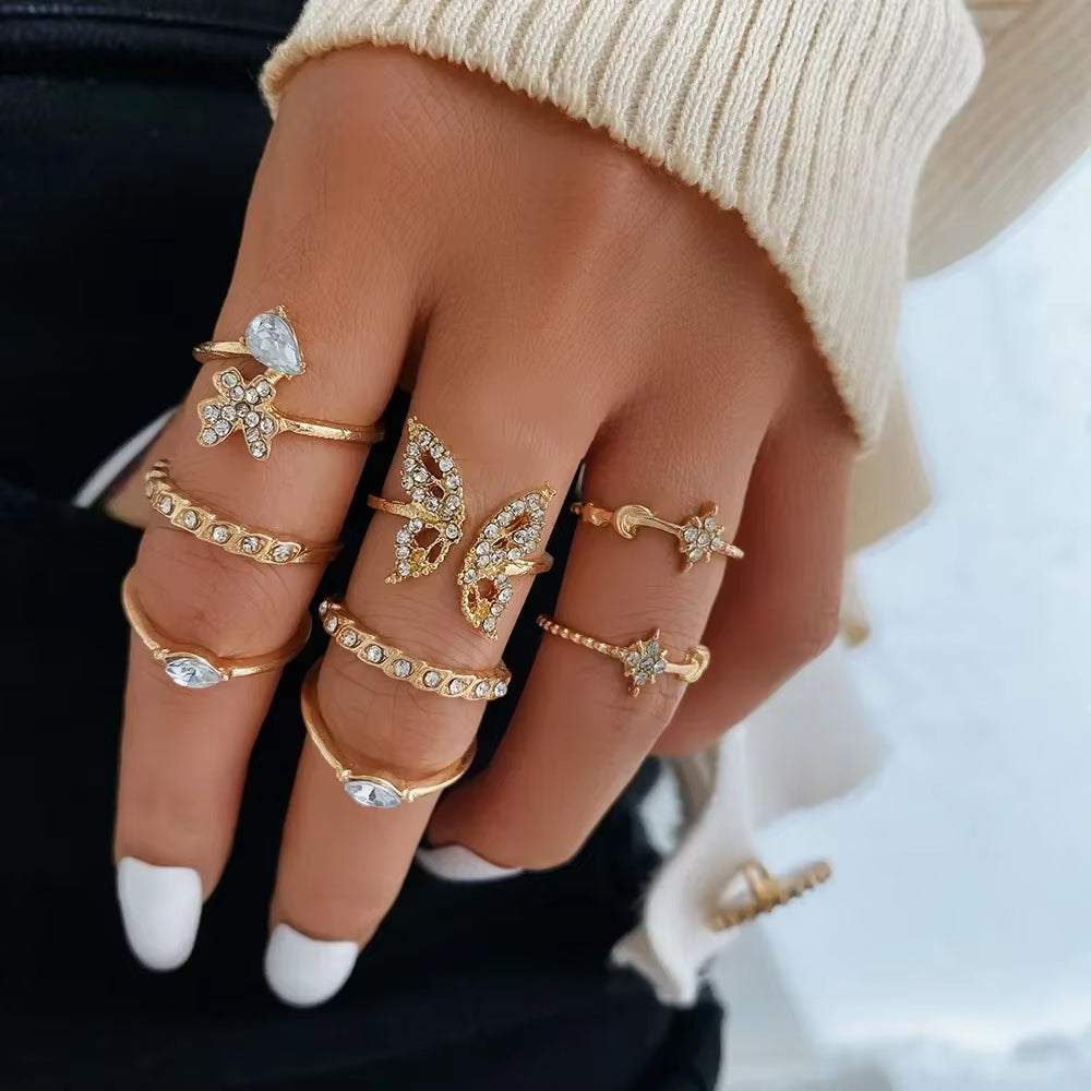 10Pcs Rings Suit for Women Silver-Color Chain Ring Set Bohemian Style Coin Snake Moon Star Party Trend Gift Jewelry