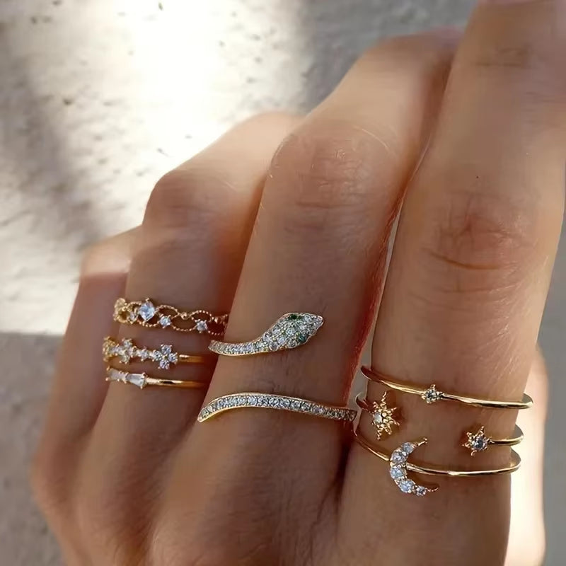 10Pcs Rings Suit for Women Silver-Color Chain Ring Set Bohemian Style Coin Snake Moon Star Party Trend Gift Jewelry