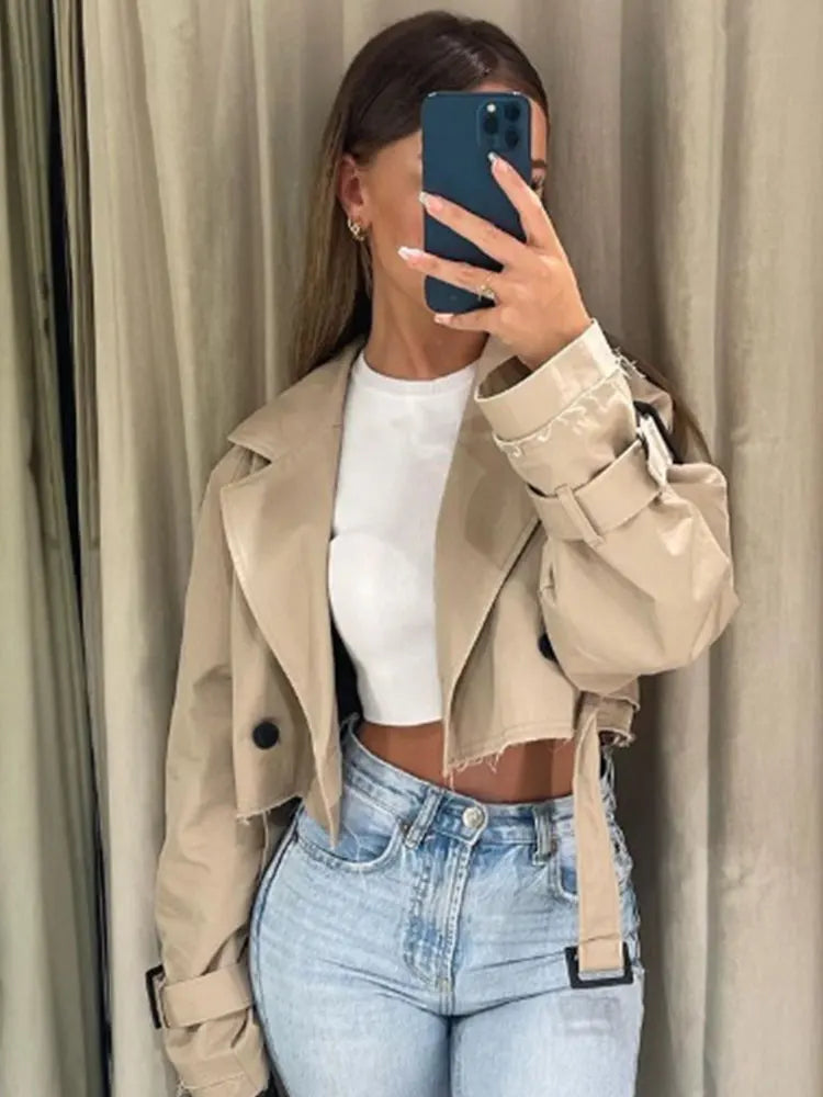 2024 Belt Cropped Trench Spring Jacket Women Vintage Streetwear Double Breasted Long Sleeve Top Female Coat Outfits