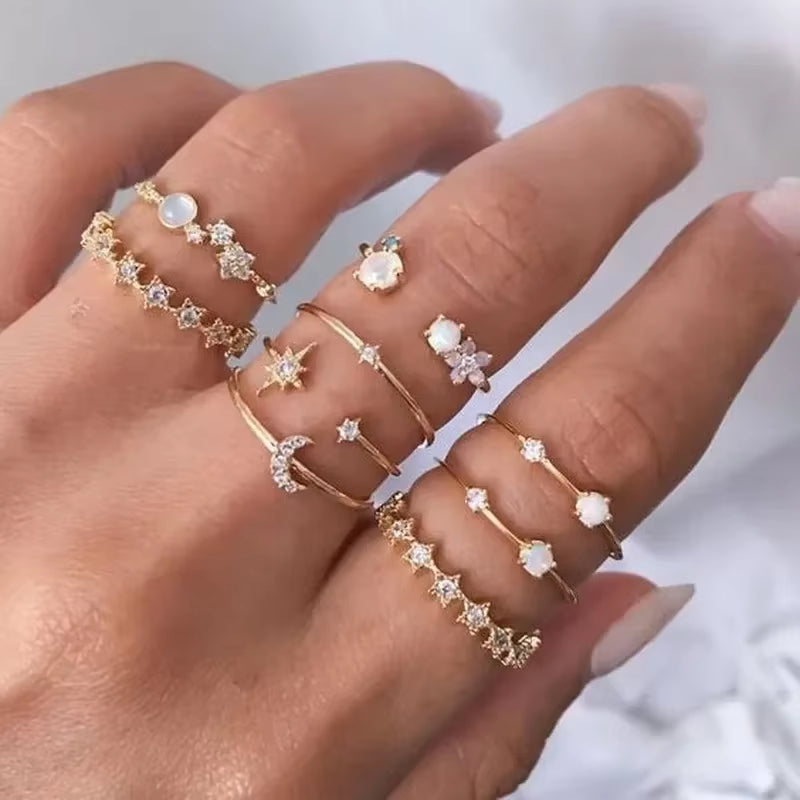 10Pcs Rings Suit for Women Silver-Color Chain Ring Set Bohemian Style Coin Snake Moon Star Party Trend Gift Jewelry