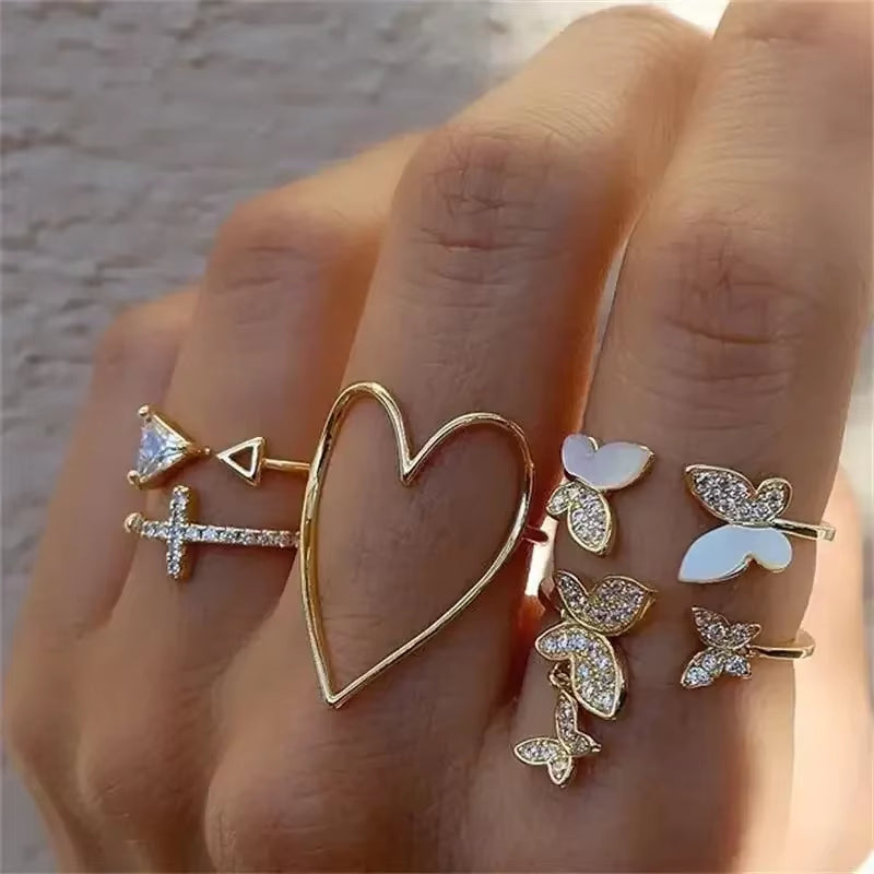 10Pcs Rings Suit for Women Silver-Color Chain Ring Set Bohemian Style Coin Snake Moon Star Party Trend Gift Jewelry